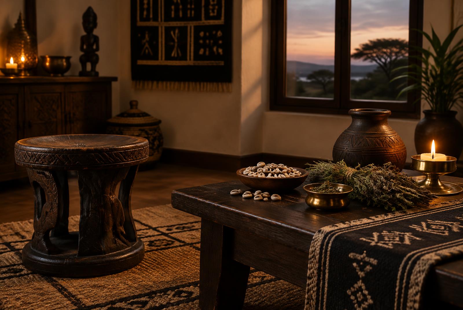 Espaço reservado de inspiração africana com mesa ritual, conchas, ervas e luz de vela