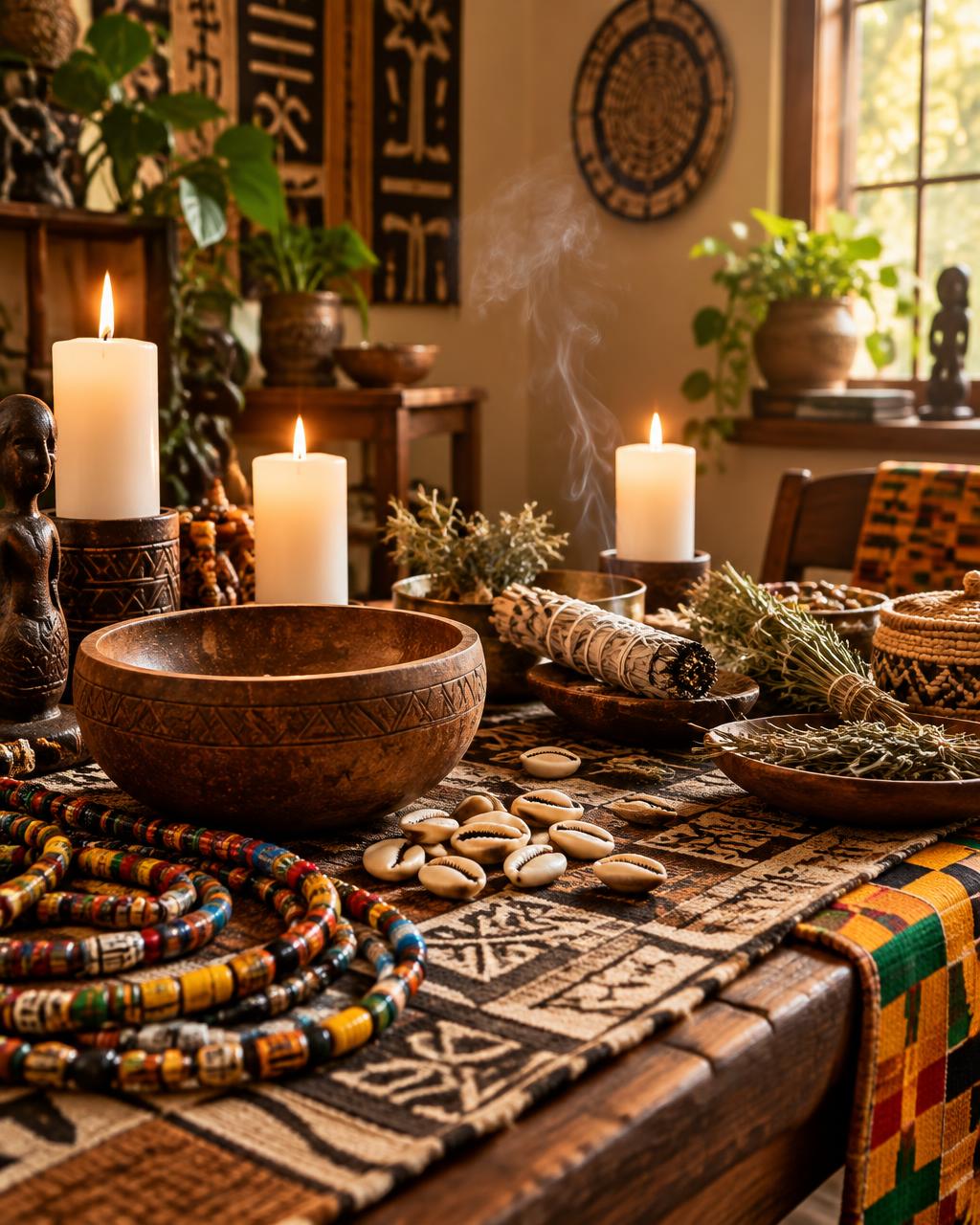 Altar ritual africano com velas, conchas, contas tribais e ervas num espaço sereno e reservado
